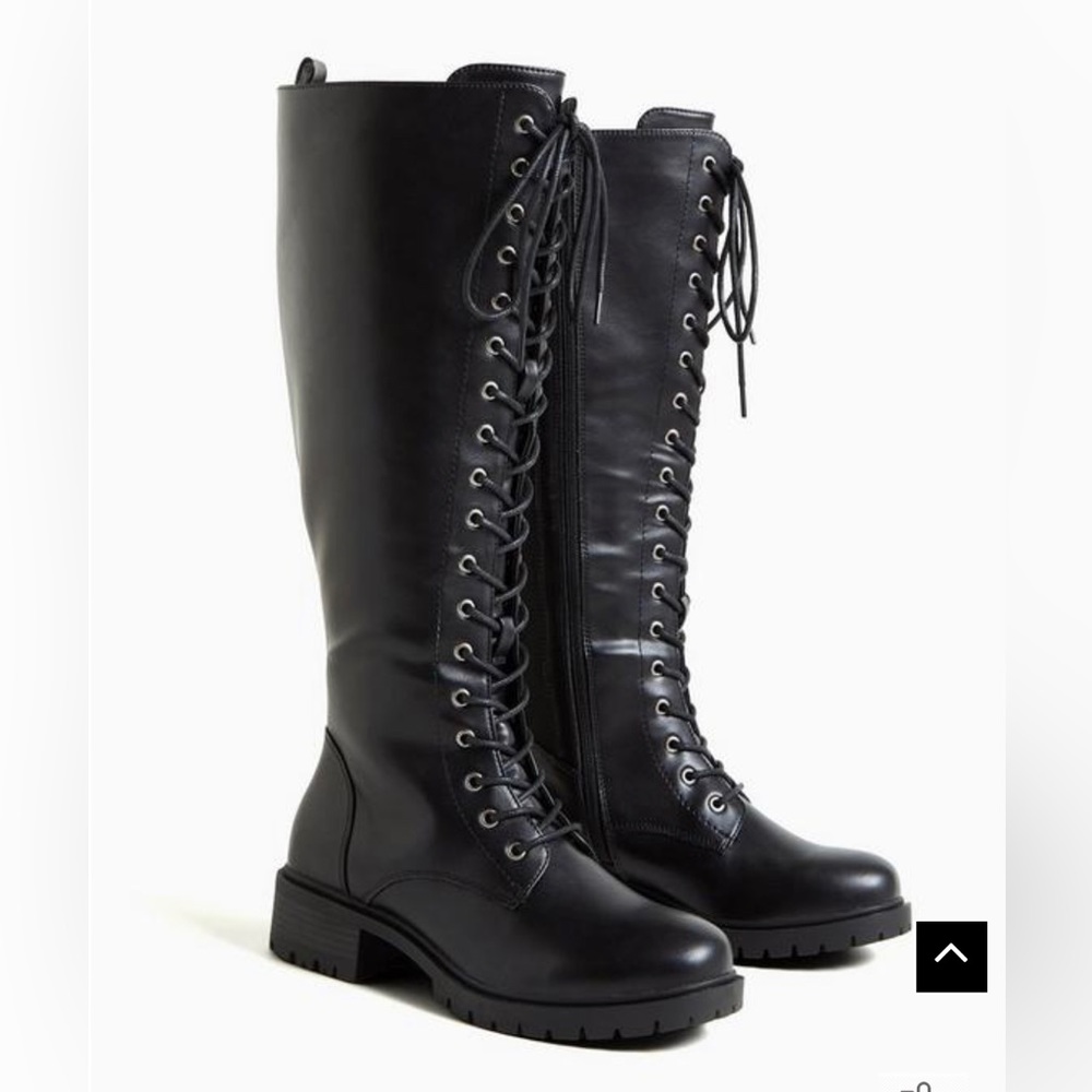 Torrid black faux leather lace up knee-high black combat boots 10WW Wide 10W